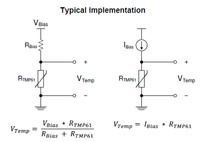 2.作為電阻組件，可以使用電壓源（左）或電流源（右）來驅(qū)動熱敏電阻。實際上，大多數(shù)電壓驅(qū)動電路使用比例布置來消除源漂移的影響